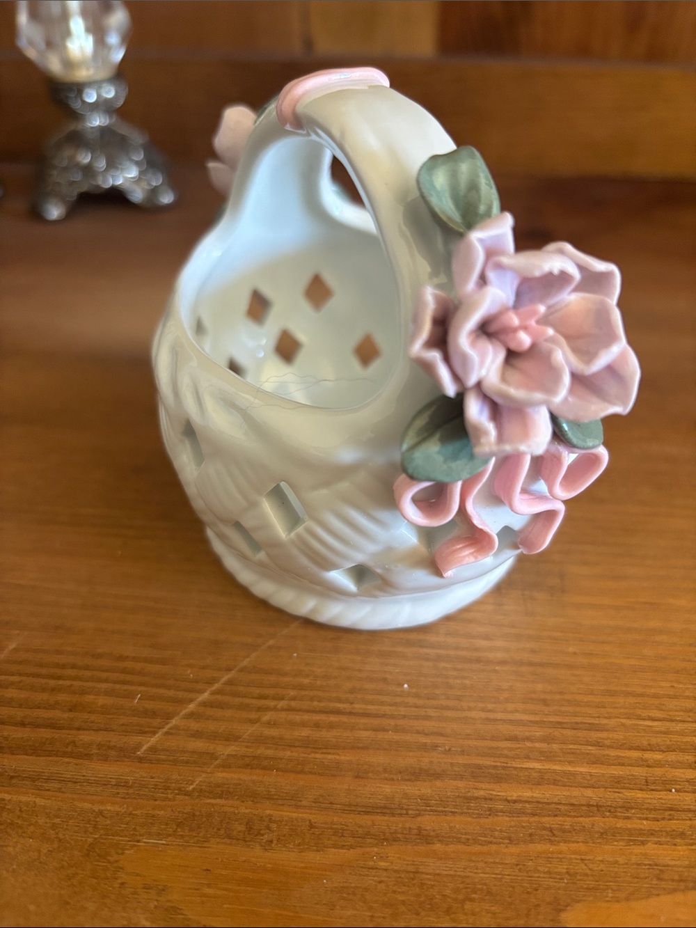 Porcelain Basket with Pink Rose Accents
